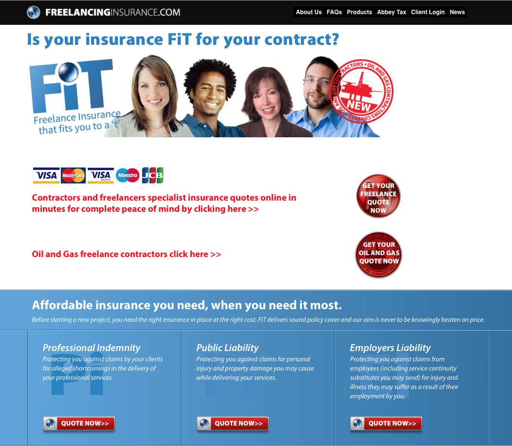 image of the homepage of www.freelancinginsurance.com homepage for Ntegrity Professional Insurance