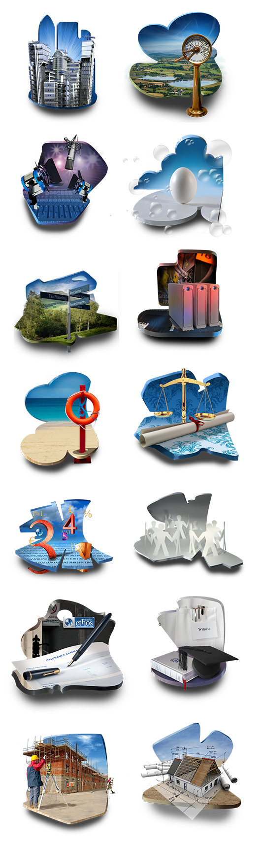 Various 3D style images for the Ntegrity Professional Insurance website