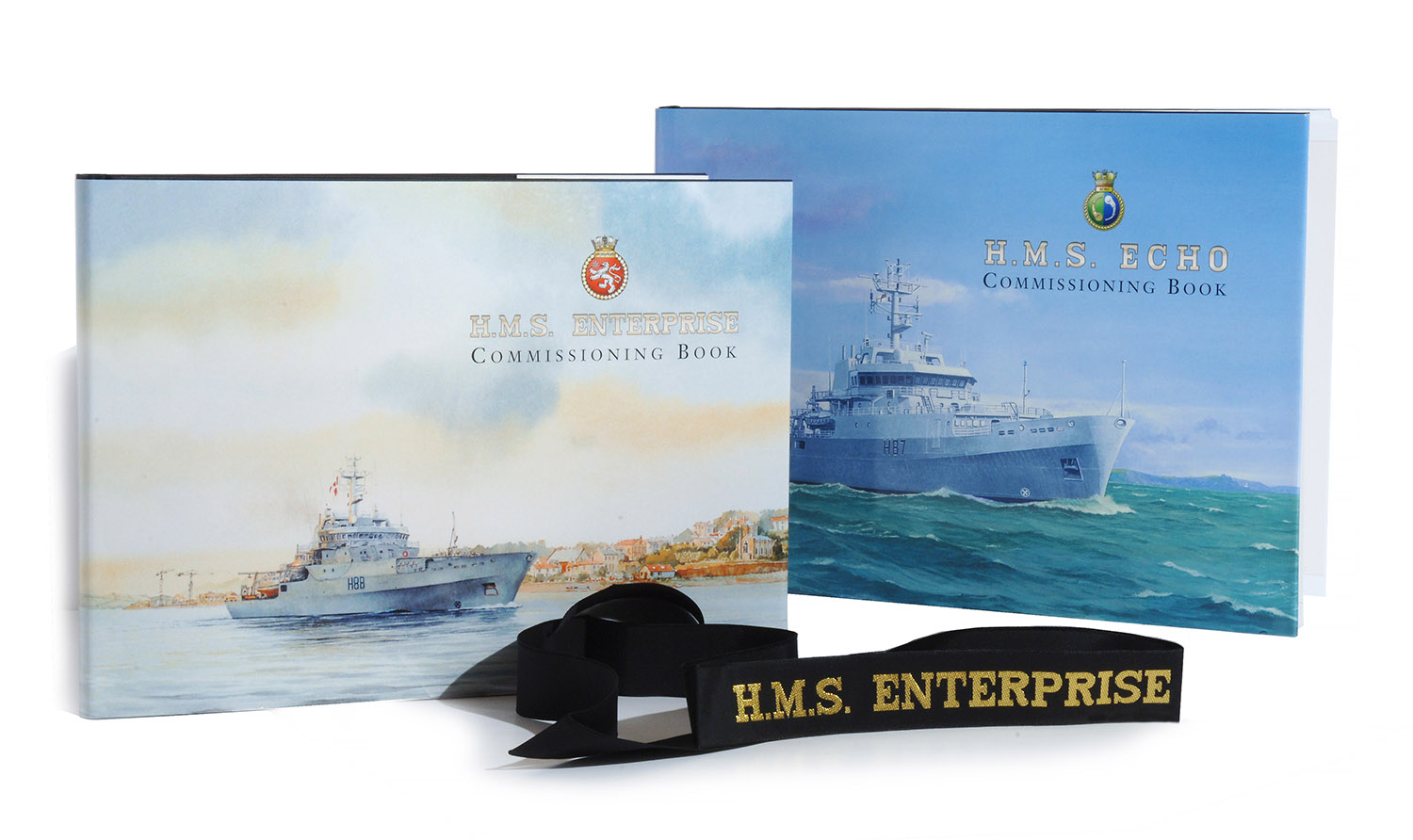 image of the covers of two Commissioning Books for Royal Navy ships HMS Echo and HMS Enterprise